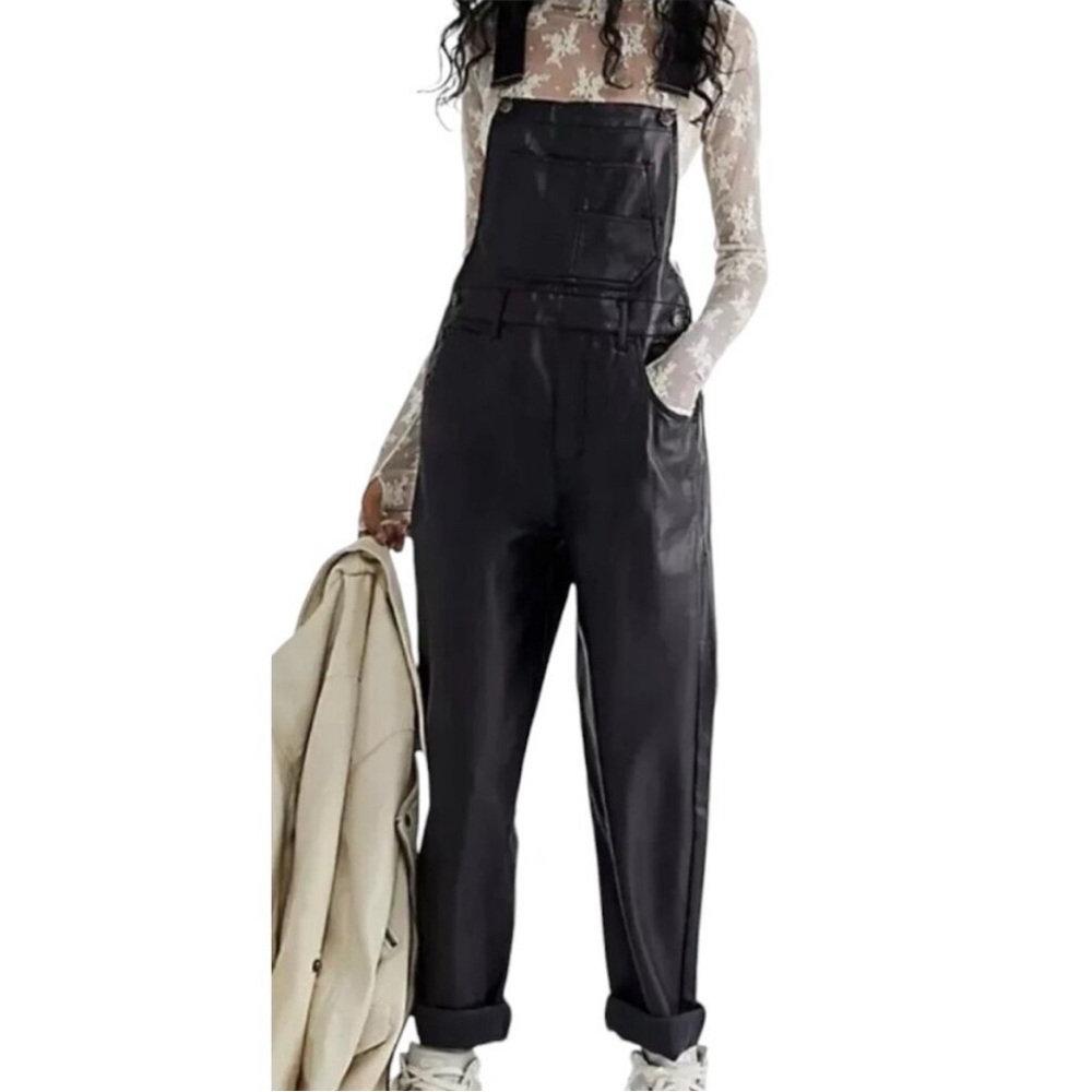 Black Leather Overalls for Women
